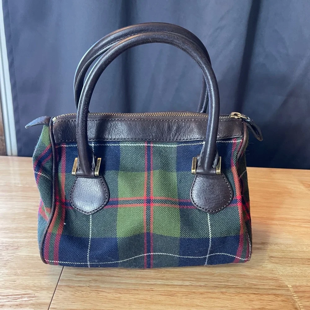J. Crew Plaid Wool Leather Satchel Bag Green Navy Brown Tartan Doctor Bag